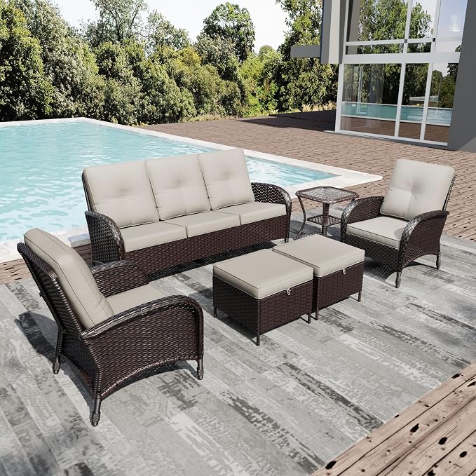 Joyside Wicker Patio Furniture Set, 6 Piece Outdoor Furniture Set with Thickened Cushions, High Back, Deep Seating, Wide Armrest, Rattan Outdoor Chairs for Porch, Deck