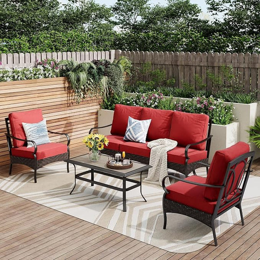 PHI VILLA Outdoor Modern Patio Furniture Set, Upgraded Wicker & Metal Patio Furniture Conversation Set with Waterproof Thick Cushions for Porch, Poolside, Yard (4 Pieces,Red)