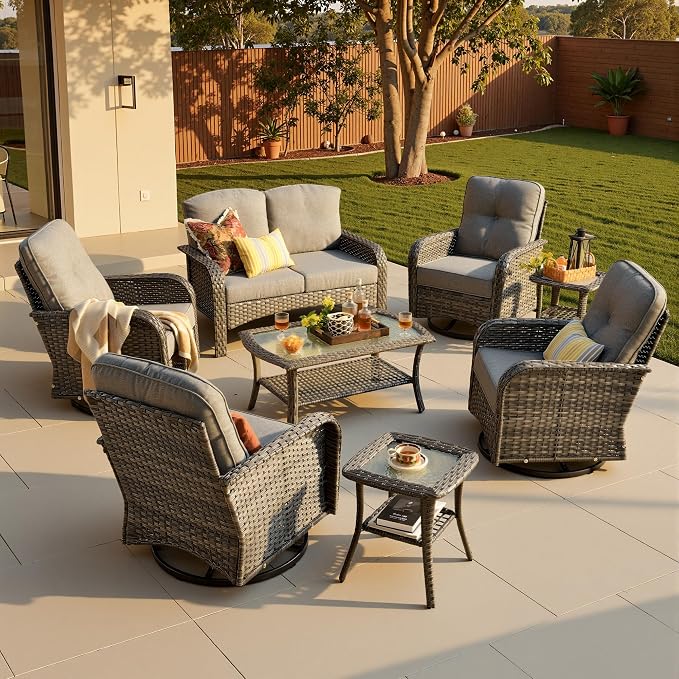 8-Piece Patio Furniture Set, Outdoor Wicker Furniture with Coffee Table, High Back Swivel Rocker Patio Chairs, Modern Rattan Outdoor Chairs Conversation Set for Porch, Balcony, Garden, Dark Gray