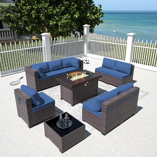 10 Pieces Outdoor Patio Furniture Set,Outdoor Sectional Furniture with 43" 55000 BTU Gas Propane Fire Pit Table,All Weather PE Rattan Wicker Patio Conversation Set,Navy Blue
