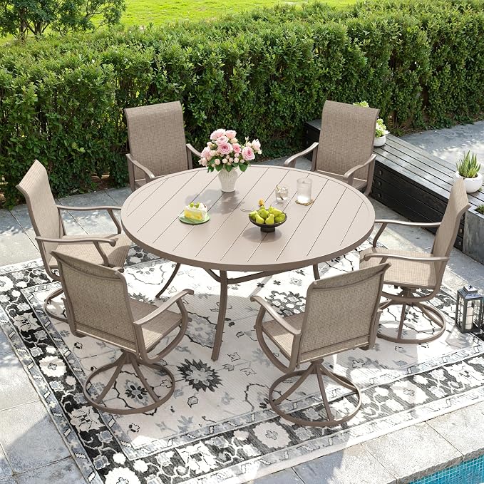 DIFY Outdoor Dining Set for 6, 7 Piece Patio Table and Chairs Set, Swivel Patio Dining Chairs with Textilene Fabric & 50" Round Metal Dining Table with Umbrella Hole, for Garden Backyard, Sandshell