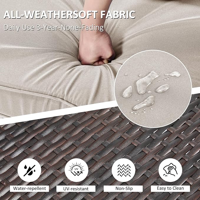 ANJ 3 Piece Outdoor Wicker Patio Furniture Set, Modular Loveseat Sofa with with Glass Top Coffee Table, All-Weather Rattan Conversation Couch Set for Balcony, Backyard, Dark Brown Wicker-Grey