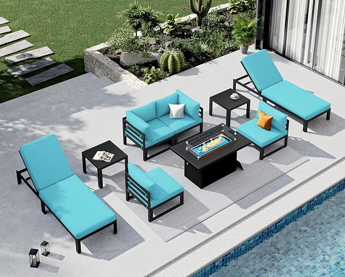 NICESOUL 9 Pcs Extra Large Contemporary Aluminum Outdoor Furniture Set with Chaise Lounge & Fire Pit Table, 29" Deep Wide Couch Set, 500 lbs Heavy Duty Comfy Patio Sectional Sofa for Poolside, Teal