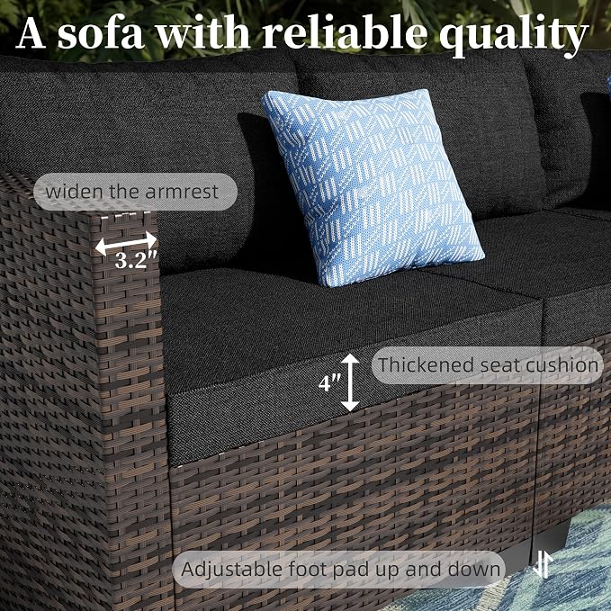 7 Pieces Patio Furniture Set - Outdoor Sectional Wicker Rattan Furniture, with Cushion and Glass Table, Patio Conversation Sets, for Porch, Poolside, Backyard, Outdoor Sofa Set