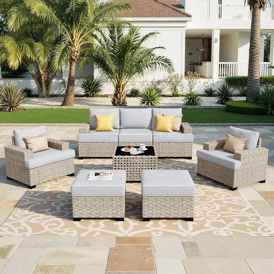 Weaxty 8 Pieces Outdoor Furniture Set, Patio Sectional Sofa Wide Seats Couch Chair with Ottoman Solar Table, Thick Cushion All-Weather Rattan Patio Conversation Sets for Backyard Porch Deck, Grey