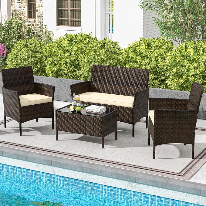 ORALNER 4 Pieces Patio Furniture Set, Rattan Chairs Loveseat with Soft Cushion and Glass Table, Outdoor Wicker Conversation Set for Balcony Garden Backyard Porch Poolside (Beige)