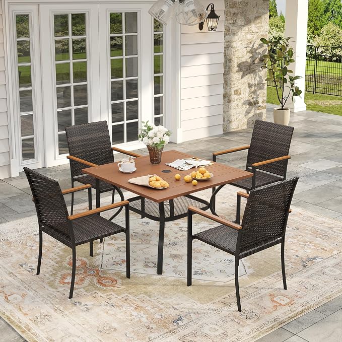 VICLLAX Outdoor Patio Dining Table for 4, Square Patio Table with Umbrella Hole for Patio Lawn Deck Backyard, Walnut Tabletop