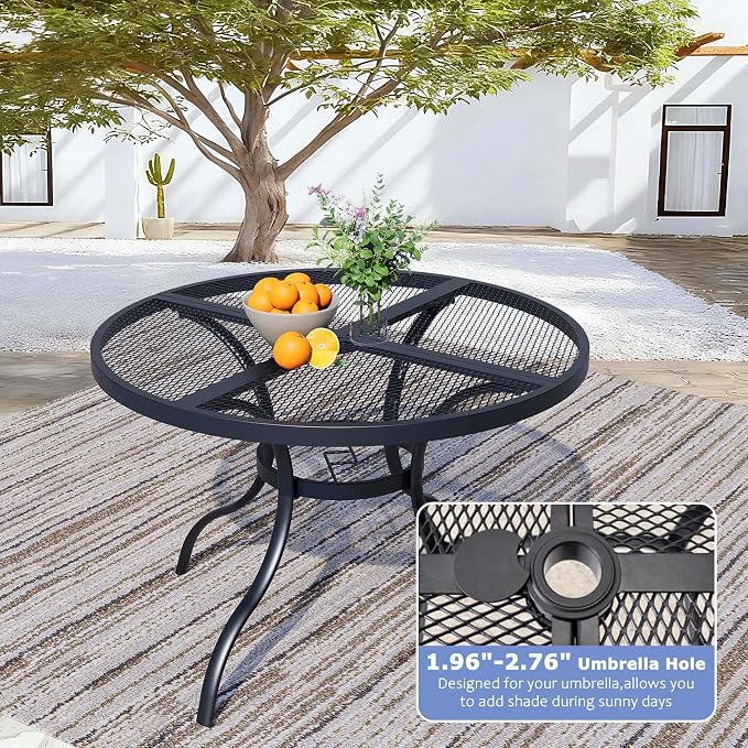 5 Piece Patio Dining Set for 4, 42” Black Round Table with Umbrella Hole and 4 Blue Patio Stackable Chairs, Patio Table and Chairs for Backyard, Lawn, Deck & Garden