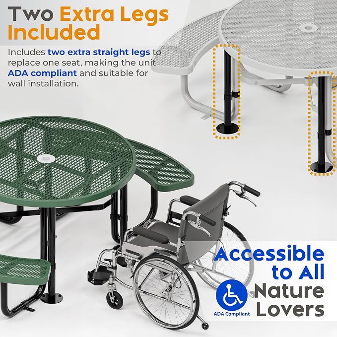 Metal Picnic Tables for Outdoors with Umbrella Hole - Coated Steel Heavy Duty Commercial Grade Furniture Set with Adjustable Seats (Green, 46 in, Round, Expanded Steel)