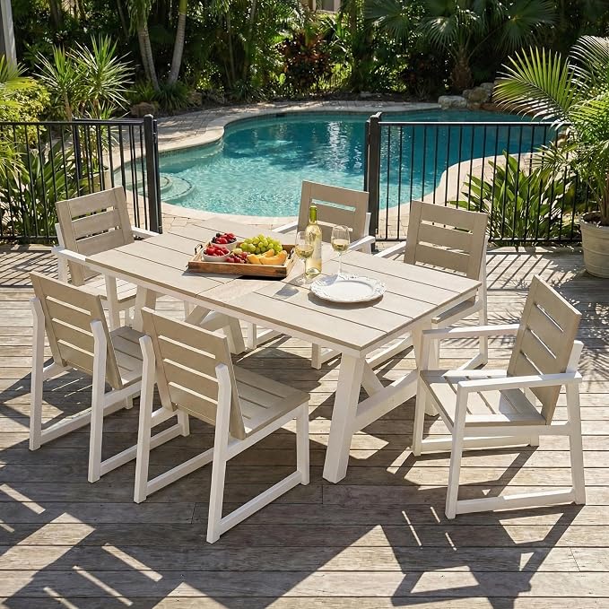 Costaelm Outdoor Dining Tables for Patio, 72" Rectangle 6-Person HDPE Dining Table with Umbrella Hole and Metal Frame for Outside, Garden, Poolside, Backyard, Porch, Balcony, Sand