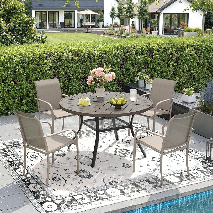 DIFY 5 Pieces Outdoor Patio Dining Set for 4, 40.6" Grey Wood-Like Round Metal Dining Table and 4 Sandshell Stackable Sling Dining Chairs, Outdoor Table and Chairs for Lawn Garden Backyard Deck