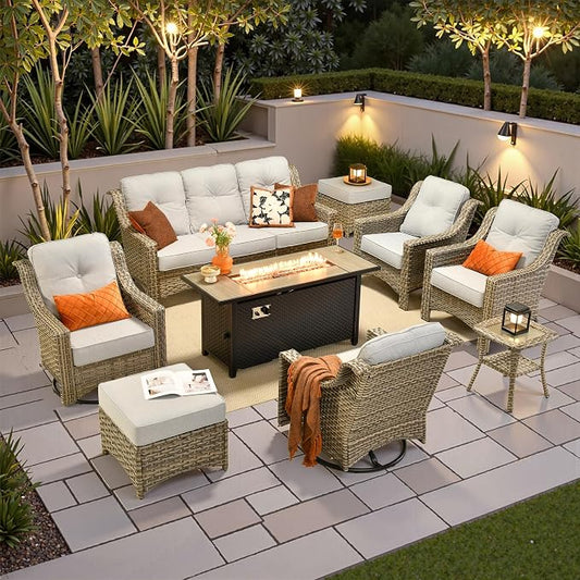 9 PCS Outdoor Patio Furniture Sets,Patio Conversation Sets Outside Rattan Soft Cushion Sofa with 2 Wicker Rocking Chairs & 54 in Fire Pit Table Fit Backyard Porch Garden Poolside Balcony,Light Grey