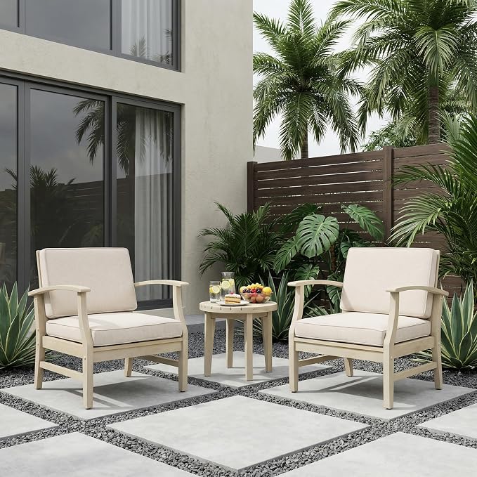 Christopher Knight Home Perla Set of 2 Acacia Wood Club Chair and Coffee Table, 3 Piece Patio Bistro Set, Solid Wood Outdoor Patio Furniture Set with Center Table, Light White+Sand