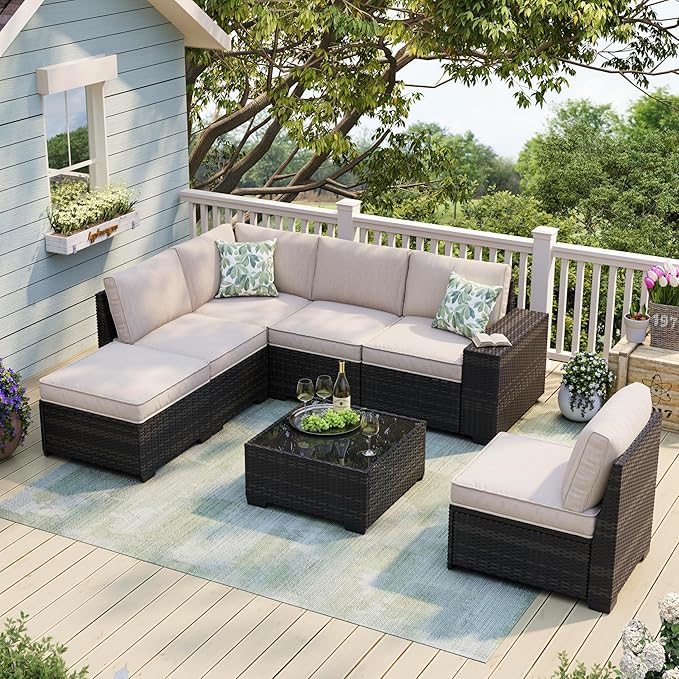 JOYURE 7 Pieces Patio Furniture Set, Outdoor Sofa with Waterproof Cushions&Ottoman, Rattan L Shaped Patio Couch & Coffee Table, Modern Outdoor Furniture for Backyard, Deck, Balcony – Beige
