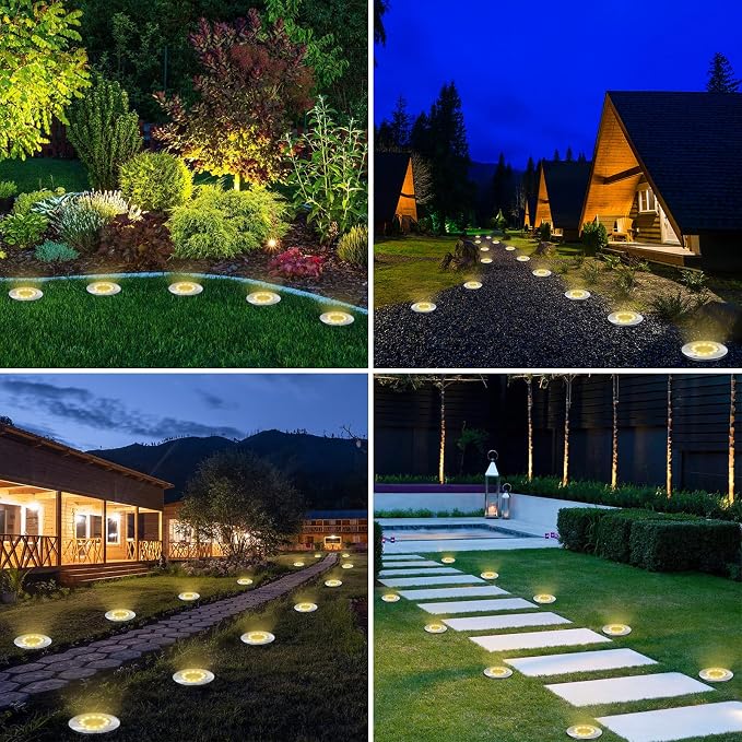 LYHOPE Solar Ground Lights Outdoor, 8 Pack 8 LED Solar Disk Lights Waterproof Garden In-ground Pathway Light Landscape Lighting for Lawn,Yard,Deck,Patio,Walkway (Warm White)