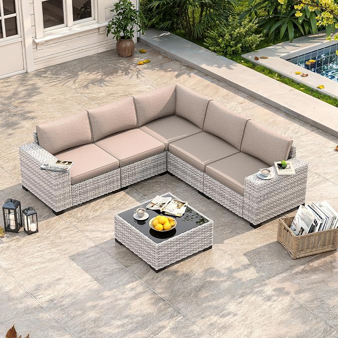 6 Piece Outdoor Wicker Sectional Sofa Set, 5-Seats Patio Furniture Conversation Set with 4" Thickened Cushions & Coffee Table, All-Weather PE Rattan for Garden, Backyard, Porch, Beige