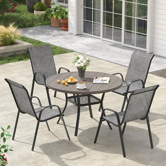 VICLLAX Round Patio Dining Set for 4, Metal Slatted Patio Table with Umbrella Hole and Stackable Patio Chairs for Deck Lawn Garden, Grey Fabric and Antique Grey Tabletop
