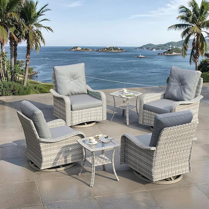 6 Piece Outdoor Patio Rocking Swivel Chairs,High Back Wicker Rattan Bistro Set with Thickened Cushions & Tempered Glass Side Table, Patio Furniture Set for Garden, Backyard, Porch, Gray