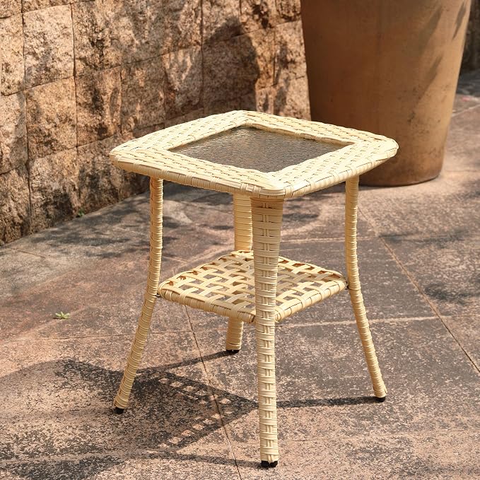 Outdoor Wicker Patio Side Table with Tempered Glass Top, 2-Tier Patio End Table with Storage Shelf, All-Weather PE Rattan Small Patio Table for Balcony, Backyard, Garden, Porch