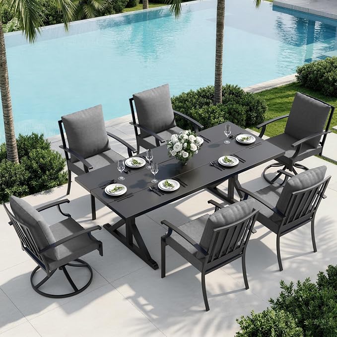 7 Piece Outdoor Dining Set for 6, Metal Patio Table and Chairs with Cushions, Patio Furniture Set with 2 Swivel Chairs, Rectangular Metal Dining Table with Umbrella Hole, Lawn Deck Yard-Grey