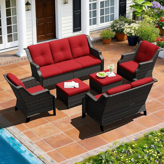 Outdoor Patio Furniture Set, 6 Piece Wicker Patio Furniture with Thick Cushions, Curved Armrest, Deep Seating, Rattan Outdoor Chairs for Porch, Deck, Balcony
