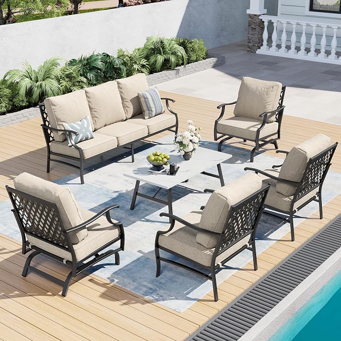SUNSHINE VALLEY 6 Piece Metal Outdoor Patio Furniture Set, Patio Conversation Set 1 3-seater Sofa, 2 Rocking Chair, 2 Leg Chair with 5.75" Thick Cushion and Coffee Table, Backyard Furniture Set, Beige