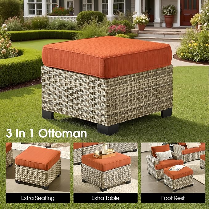 Rattan Patio Furniture Set with Fire Pit,10 Pieces Outdoor Sectional with Single Chair Ottoman,Out Door Furniture Conversation Set,Orange Red