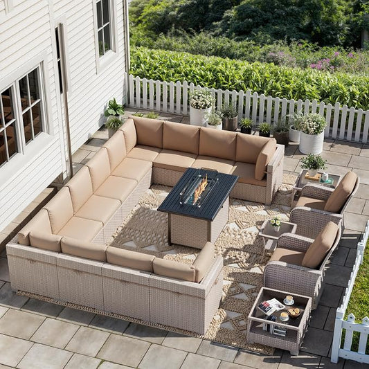 18 Pieces Patio Furniture Set with Fire Pit Table, Outdoor Sectional Wicker Sofa with Thick Cushions, High Back Swivel Rocker Patio Chairs, Rattan Conversation Set with Coffee Table, Khaki