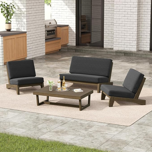 4 Pieces Patio Furniture Sets, All-Weather Outdoor Wood Bistro Set Patio Conversation Coffee Table Chiars and Patio Loveseat for Balcony, Backyard