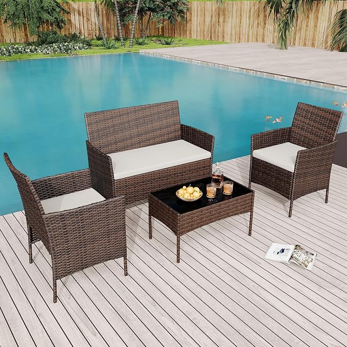 4-Piece Patio Furniture Set, Outdoor Wicker Conversation Set with Tempered Glass Coffee Table, Heavy Duty PE Rattan Sectional Sofa & Washable Cushions for Backyard, Deck, Poolside (Brown Rattan/Beige)