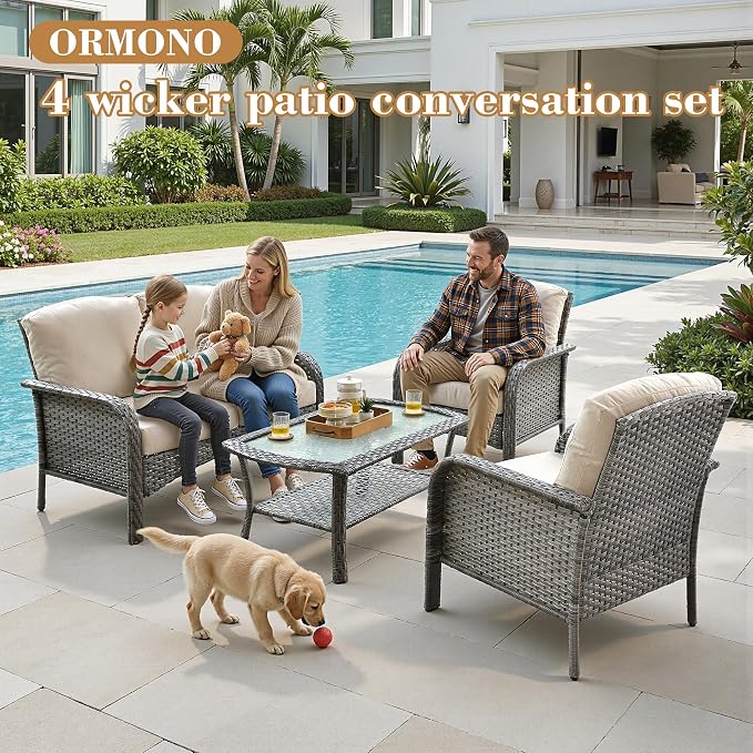 4 Pieces Patio Furniture Set, Small Outdoor Patio Set with Coffee Table, All-Weather Rattan Wicker High Back Conversation Set Loveseat with Chairs for Porch, Backyard, Balcony, Beige