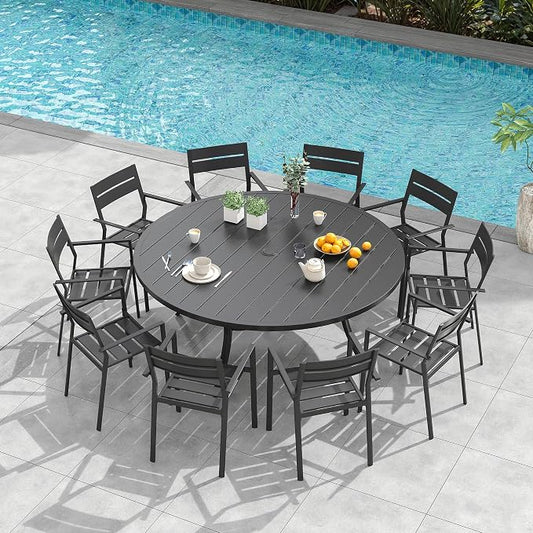 VICLLAX Patio 11 Pieces Outdoor Dining Set, Wrought Iron Metal Outdoor Table and Chairs Set, 60" Round Table with Umbrella Hole and 8 Stackable Chairs for Lawn, Garden, Porch, Black