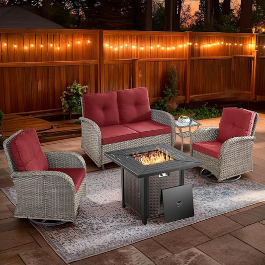 5 Piece Patio Furniture Set with Fire Pit Table - Wicker Patio Conversation Set with Swivel Glider, Glider Loveseat, Tempered Glass Side Table for Deck Backyard - Grey Wicker Red Cushion