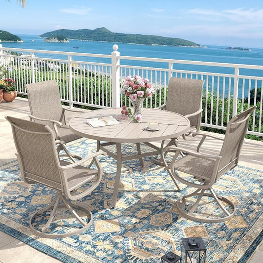 Outdoor Dining Set for 4, 40.7" Metal Round Outdoor Dining Table with Umbrella Hole and Sling Patio Swivel Chairs, 5 Pieces Patio Table and Chairs Set for Garden Backyard, Sandshell