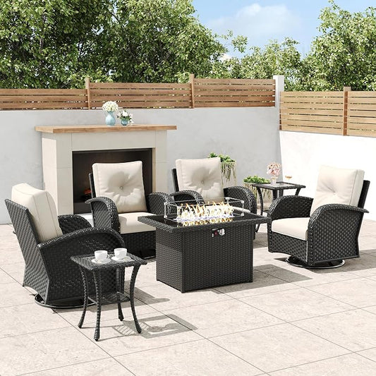 7 Pieces Outdoor Wicker Patio Swivel Rocking Chairs, All Weather Wicker Conversation Set with 44" Fire Pit Table