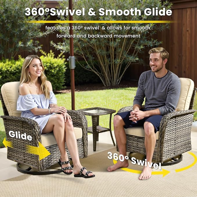 7 Pieces Outdoor Patio Furniture Set with Coffee Table, All Weather Wicker Patio Conversation Sets with Rocking Chairs, Balcony Furniture Sets for Backyard, Garden, Poolside, Beige