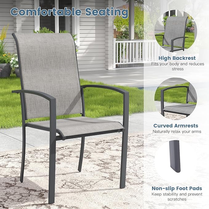 DIFY 9 Pieces Outdoor Dining Set for 8, 53" Round Dining Table with Umbrella Hole and Textilene Stackable Patio Chairs, Metal Patio Table and Chairs Set for Garden Backyard Poolside, Grey