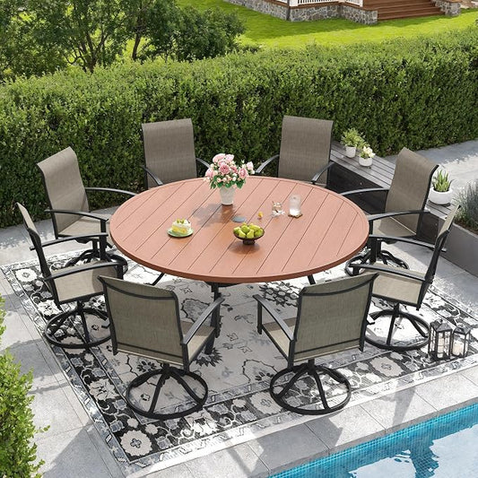DIFY 9 Pieces Outdoor Dining Set for 8, 63" Walnut Round Metal Table with Umbrella Hole and Brown Textilene Swivel Patio Chairs, Patio Table and Chairs Set for Garden, Backyard, Poolside