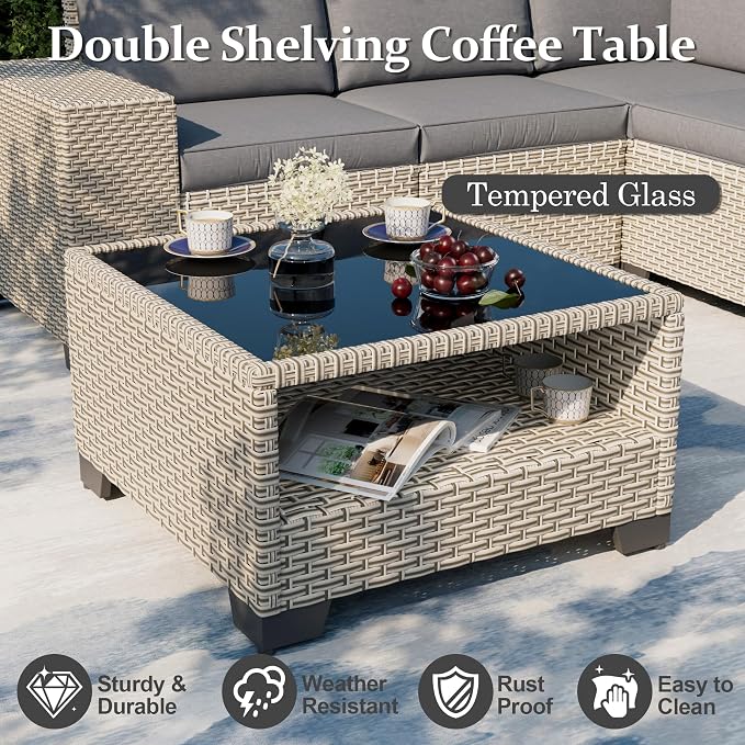 7-Piece Outdoor Patio Furniture Set with Fire Pit, Modular Sectional Sofa Set with Glass Coffee Table and Cushions, Wicker Outdoor Couch Conversation Sets, Gray