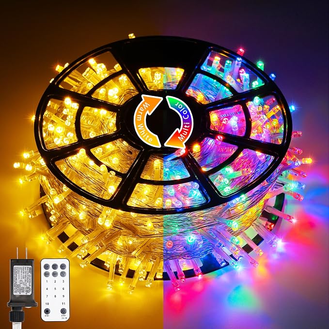 JMEXSUSS 168FT 600 LED Color Changing Christmas Lights Outdoor Plug in | Warm White & Multicolor Christmas Lights with Remote, Christmas Tree Lights Indoor Clear Wire for Outside Xmas Decor