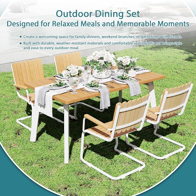 5 Piece Outdoor Conversation Set for 4, HDPE Patio Seating Set with Table and Chairs, All-Weather Outdoor Lounge Furniture with Umbrella Hole for Garden, Porch, Poolside, White & Teak