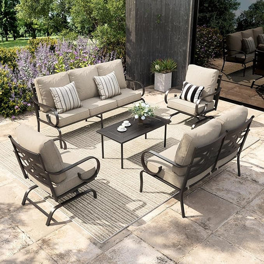 Sophia & William Patio Conversation Set for 7, a Loveseat, 3-Seater Sofa, 2 Rocking Chairs and a Coffee Table, Metal Outdoor Furniture with 5.75" Extra Thick Cushions, Beige