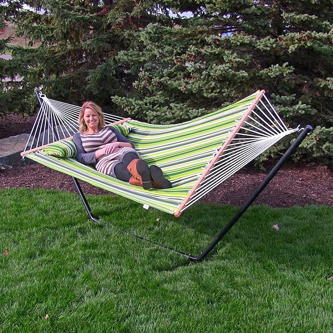 Sunnydaze Quilted Double Hammock for Outside with Spreader Bars and Pillow - 450 lb Capacity, 74x55 Inch Bed, UV Resistant, Quick Dry - Chains Included, Stand Sold Separately - Melon Stripe