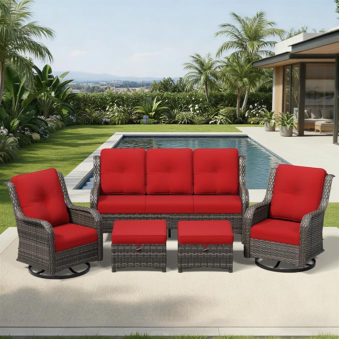 Joyside 5 Piece Wicker Patio Furniture Set, Outdoor Swivel Rocker Patio Chairs with High Back, Deep Seating, Wide Armrest, Thickened Cushions, Outdoor Furniture for Deck, Porch Use