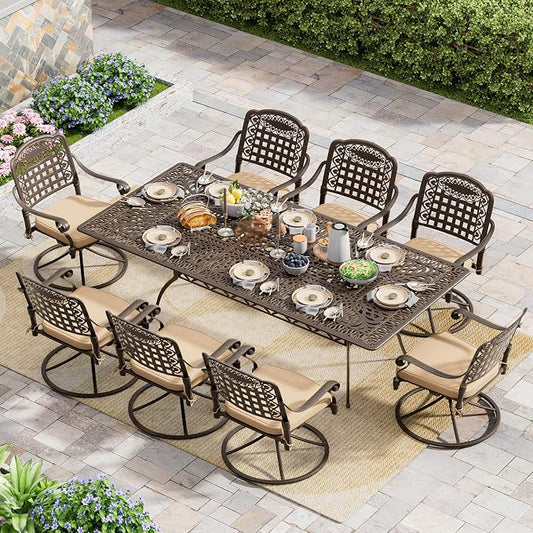 Grepatio 9 Piece Cast Aluminum Outdoor Dining Set, Patio Furniture Set with 2“ Umbrella Hole and 8 Swivel Chairs with Cushions, Patio Dining Furniture Set for Porch Poolside Garden (Khaki Grid)