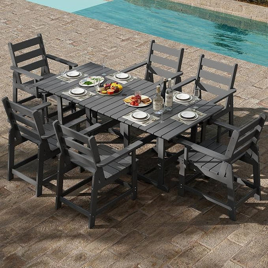 GREENVINES 7-Piece-Outdoor-Table-and-Chairs | HDPE | Patio Furniture | Dining Sets for 6 | Removable Armrests | All Weather | Connectable Tables | for Backyard Poolside Garden | Grey