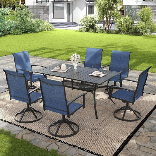 VICLLAX 7 Pieces Patio Outdoor Dining Set, 6 Swivel Textilene Chairs and 59" Round Metal Table with Umbrella Hole for Porch, Deck, Garden, Black/Dark Blue