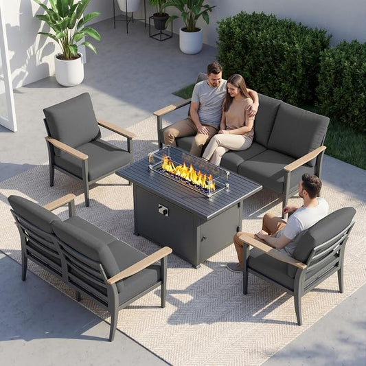 Aluminum Outdoor Patio Furniture Set, 5-Piece Sectional Sofa with 5.1" Thick Cushions, 55,000 BTU Propane Fire Pit Table, Outdoor Couch for Backyard, Deck, Black