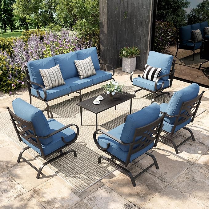 Sophia & William Patio Conversation Set for 7, 3-Seater Sofa, 4 Rocking Chairs and a Coffee Table, Metal Outdoor Furniture with 5.75" Extra Thick Cushions, Navy