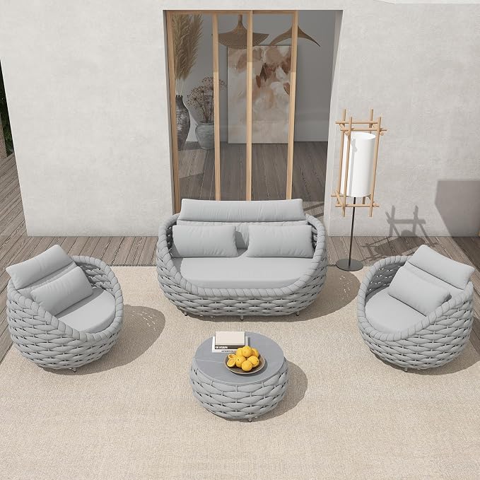 TWT Outdoor Patio Furniture Set-5 Pieces Aluminum Sectional Sofa, Metal Patio Conversation Set with Loveseat & Armchair, Textile Rope and Coffee Table, Light Grey